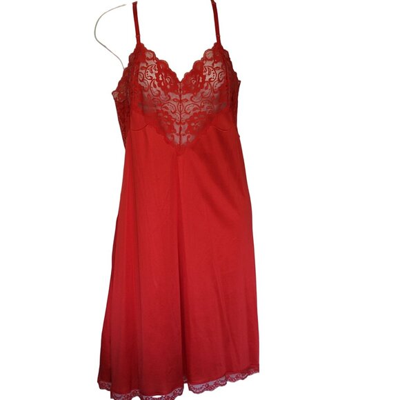 Vanity Fair Other - Vintage Slip Dress Lace Trim Size 40 Adjustable Straps Red Silky Nylon Antron Va